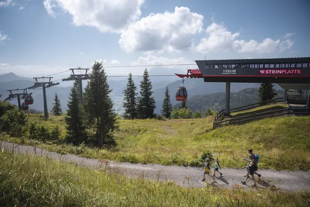 Bequem in die Urzeit: Mit der Gondelbahn gelangen Familien komfortabel auf die Steinplatte – Ausgangspunkt für Wanderungen und Erlebnisse im Triassic Park. | Foto: Bergbahn Steinplatte