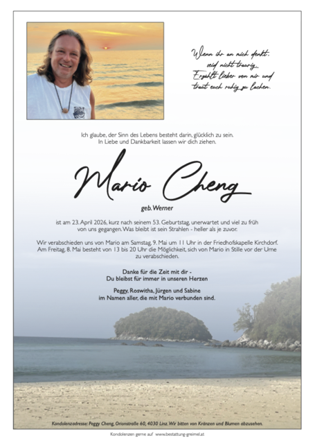 Cheng Mario ✝︎ 23.04.2026 | Foto: Bestattung Greimel