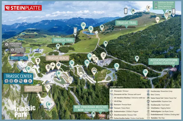 Alles auf einen Blick: Der Übersichtsplan zeigt die Erlebnisstationen des Triassic Parks – vom
Triassic Trail über den Triassic Beach bis zur Panorama Muschel. | Foto: Bergbahn Steinplatte