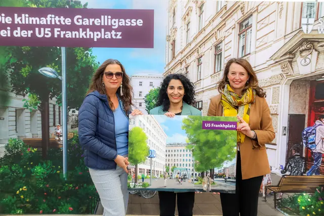 Planungsstadrätin Ulli Sima (SPÖ), Bezirkschefin Saya Ahamd (SPÖ) und Neos-Planungssprecherin Selma Arapović bei der Präsentation.  | Foto: Stadt Wien/Christiasn Fürthner