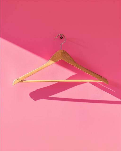 Ein leerer Kleiderbügel vor einer rosa Wand.