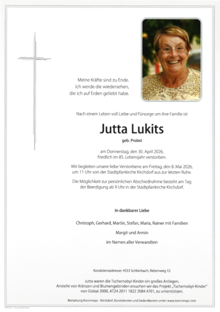 Jutta Lukits ✝︎ 30.04.2026 | Foto: Bestattung Krennmayr
