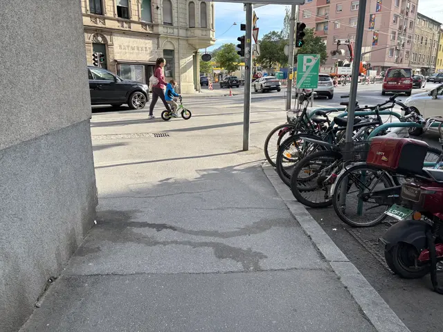 Eine "Hundelackerl" ziert den Gehsteig, während eine Mutter mit ihrem Kind zu einer Ampel geht. 