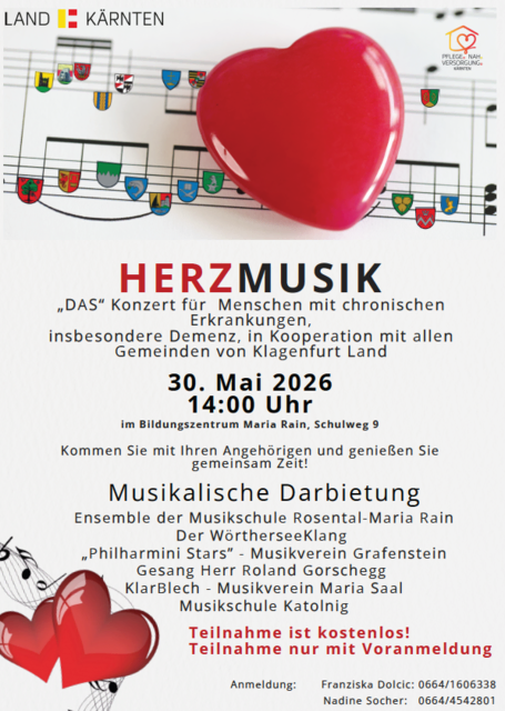 Die Pflegenahversorgung Klagenfurt - Land lädt herzlich zum Herzmusikkonzert ein - Gemeinsam für Herz & Menschlichkeit