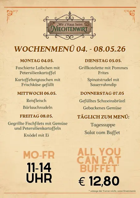 Wochenmenüs beim All-You-Can-Eat Buffet in der Woche vor der Eröffnugnsfeier am 8. Mai