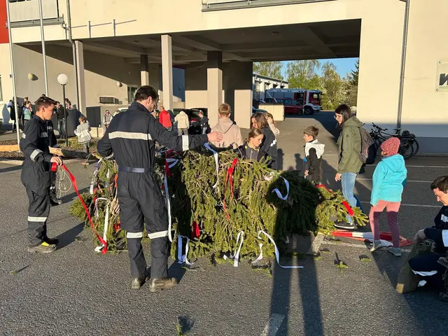 Feuerwehrkameraden stellen zusammen Maibaum auf