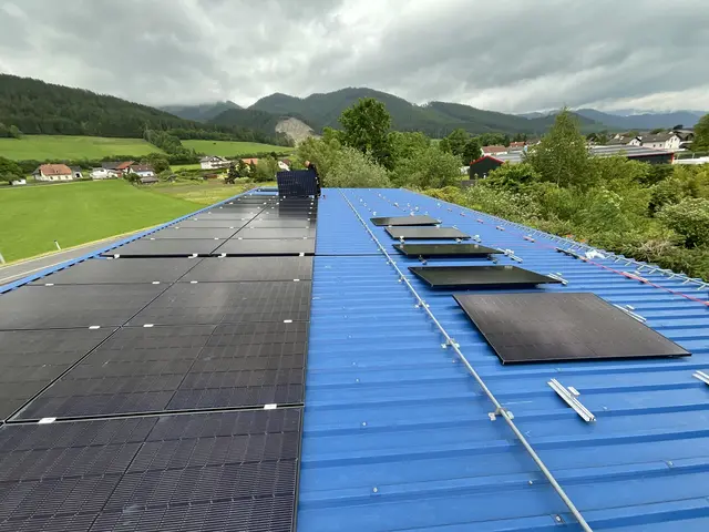 Blick auf die Photovoltaik-Anlage der Familie Adler auf den Garagen. Sie produziert Strom für die Garage selbst, das Wohnhaus und die Werkstatt. 