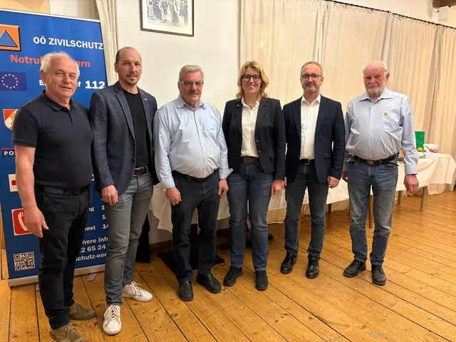 Bürgermeister Josef Schöppl (l.), Zivilschutzbeauftragter Franz Danninger (3. v. l.) mit den Vortragenden des Abends. | Foto: Gemeinde Kirchdorf