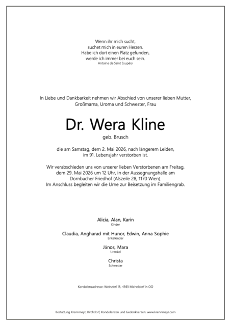 Wera Kline ✝︎ 02.05.2026 | Foto: Bestattung Krennmayr