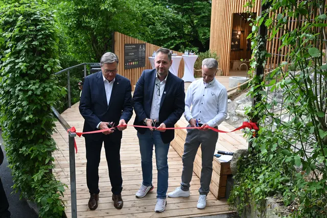 Nach ein paar Grußworten wurde schon das rote Band von Zoodirektor Dr. André Stadler (mitte), dem Präsidenten des Zoos Günther Platter (links) sowie dem Präsidenten der „Freunde des Alpenzoo“, Christoph Kaufmann (rechts), durchschnitten. | Foto: Königer