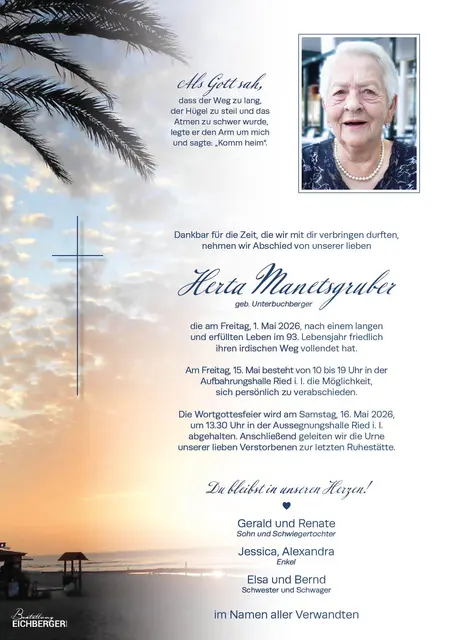 Herta Manetsgruber, Ried, verstorben am 1. Mai 2026,  im 93. Lebensjahr. | Foto: Renate Fuchs