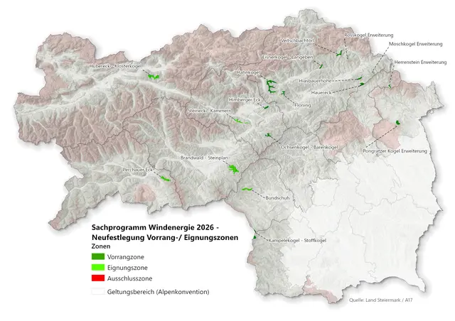 Das Sachprogramm Windenergie 2026 sieht unter anderem neun neue Vorrangzonen und fünf neue Eignungszonen vor. Vier bestehende Zonen sollen zudem erweitert werden.  | Foto: Land Steiermark/A17