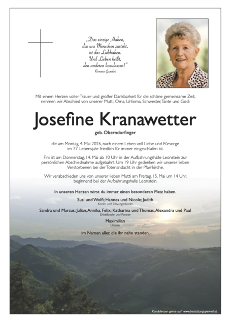 Josefine Kranawetter ✝︎ 04.05.2026 | Foto: Bestattung Greimel
