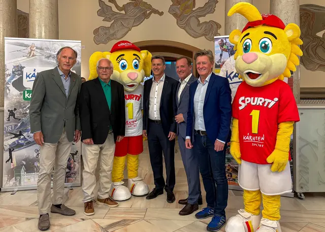 Christoph Schasché (Präsident ASVÖ Kärnten), Anton Leikam (Präsident ASKÖ Kärnten), Sportreferent Daniel Fellner, Ulrich Zafoschnig (Präsident Union Kärnten) und Landesportdirektor Arno Arthofer. | Foto: LPD Kärnten/Kuess