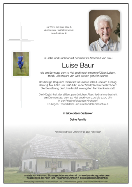 Luise Baur ✝︎ 03.05.2026 | Foto: Bestattung Krennmayr