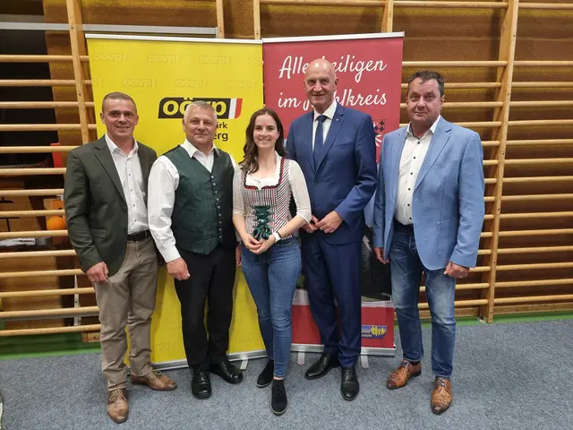 Markus Wahl, Bgm. Berthold Baumgartner, ÖVP-Gemeindeparteiobfrau Isabella Walter, Landesrat Christian Dörfel, Landtags-Abgeordneter Anton Froschauer (von links nach rechts). | Foto: ÖVP Allerheiligen