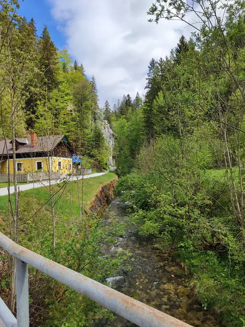 Neben dem Tirolbach geht man die Straße entlang.