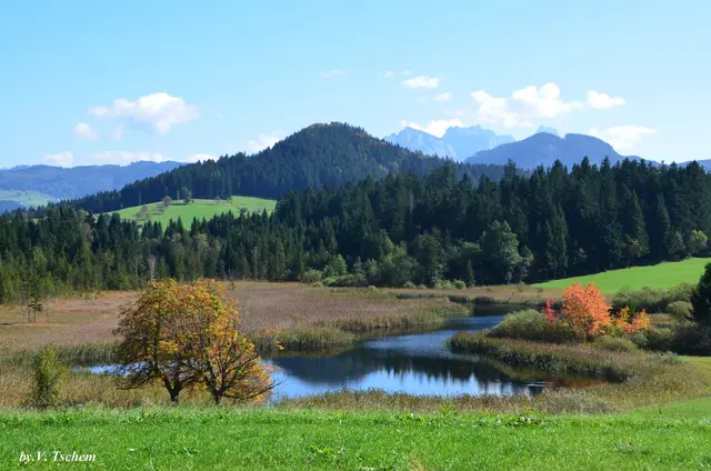 In der Ferne sieht man die Berge. 