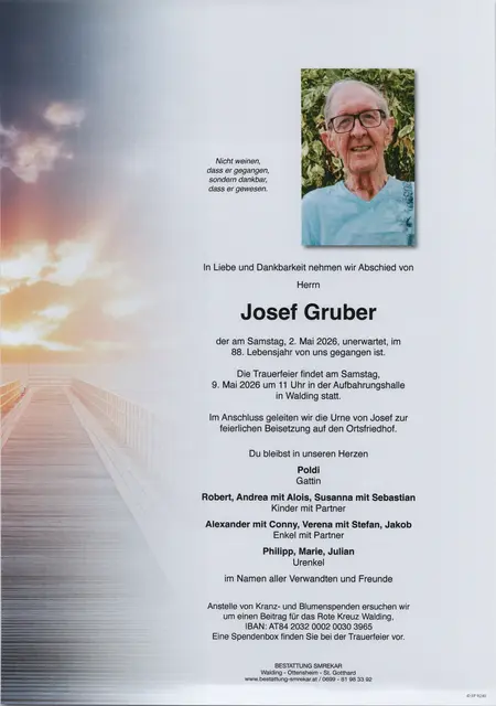 Josef Gruber aus Walding, ✝︎ 87 Jahre | Foto: Bestattung Smrekar