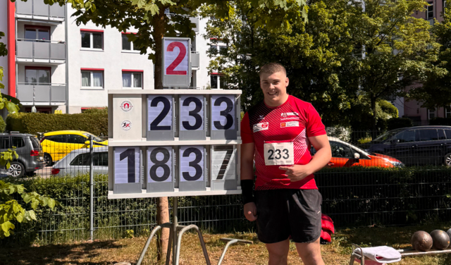Leonhard Jäger stellte beim Leichtathletik-Meeting „Bayern-Top“ in Germering mit 18,37 Metern im Kugelstoßen einen neuen persönlichen Rekord auf. | Foto: Alexander Witting