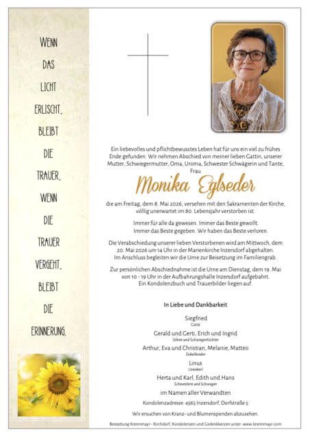 Monika Eglseder ✝︎ 08.05.2026 | Foto: Bestattung Krennmayr