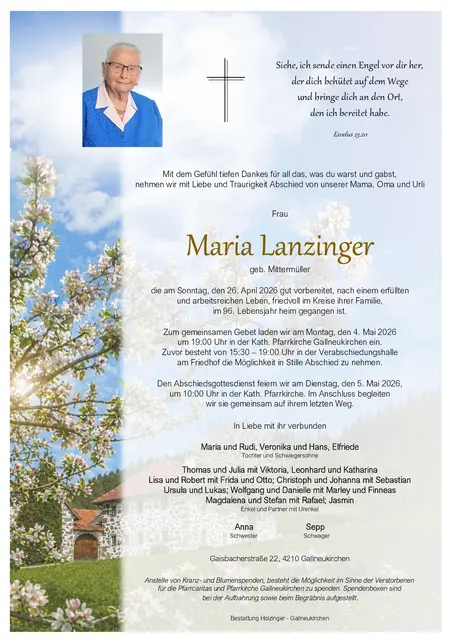 Maria Lanzinger aus Gallneukirchen, ✝︎ 95 Jahre | Foto: Bestattung Holzinger