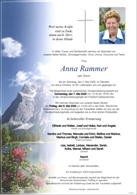 Anna Rammer aus Engerwitzdorf, ✝︎ 92 Jahre | Foto: Bestattung Holzinger