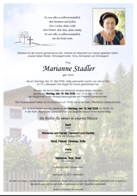 Marianne Stadler aus Alberndorf, ✝︎ 78 Jahre | Foto: Bestattung Holzinger