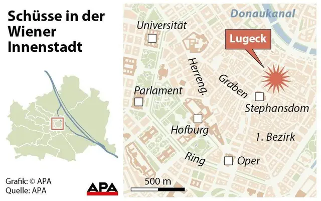 Die Schüsse ereigneten sich um 13.30 Uhr am 21. Dezember 2018. | Foto: APA-Images / APA-Grafik