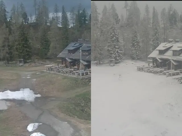 Bilder von der Galsterbergalm (Obersteiermark) auf 1.790 Metern Seehöhe. Links am Montagnachmittag, rechts am Dienstagvormittag. | Foto: Screenshots bergfex.at (Collage: MeinBezirk)