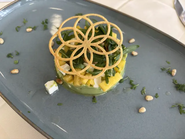 Die Vorspeise: Avocado-Mango-Tatar mit Büffelmozzarella und Rucola.