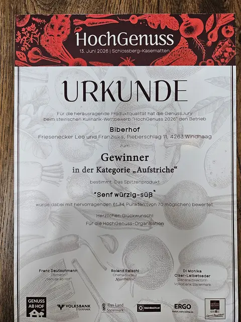 Urkunde über den Gewinn in der Kategorie "Aufstriche" | Foto: Biberhof