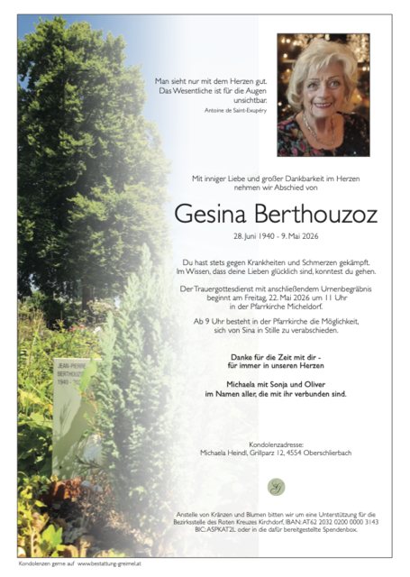 Gesina Berthouzoz ✝︎ 09.05.2026 | Foto: Bestattung Greimel