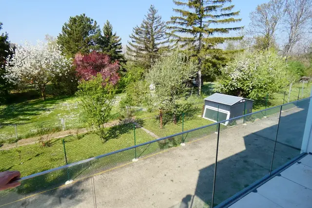 Blick von der Terrasse auf die Gärten im Erdgeschoß