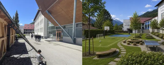 Schüler der MS Vorderes Stubaital und der VS Fulpmes sollen ihre Pausen nicht nur auf Asphalt verbringen müssen. Diese Visualisierung zeigt links den Ist-Zustand und rechts wie sich die engagierten Mütter den neuen Pausenhof bestensfalls vorstellen. | Foto: Kainz/Initiative