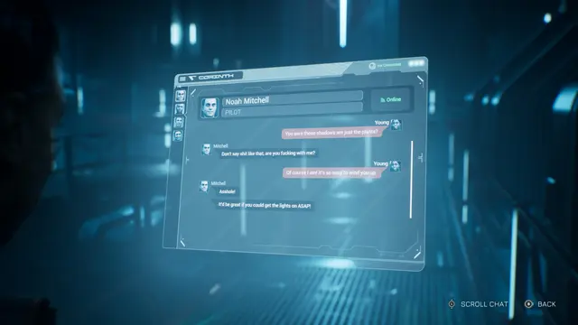 Während man als einer der Charaktere auf dem Raumschiff unterwegs ist, kann man mit seinen Crewmitgliedern Kontakt aufnehmen. | Foto: Supermassive Games / Bandai Namco