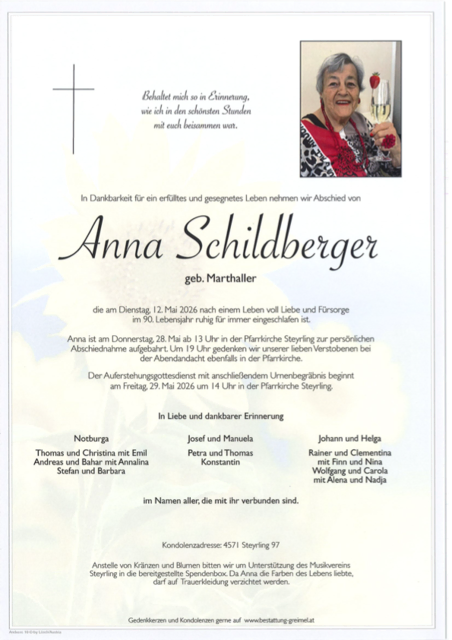 Anna Schildberger ✝︎ 12.05.2026 | Foto: Bestattung Greimel