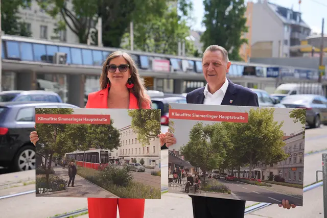 Planungsstadträtin Ulli Sima und Bezirksvorsteher Thomas Steinhart (beide SPÖ) gaben den Startschuss für die Umgestaltung der Hauptstraße.   | Foto: Sade Jerabek/MeinBezirk