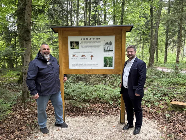 Stadtrat Gerhard Klug (links) und Bürgermeister Daniel Lang bei der Wiedereröffnung des Mattighofner Waldlehrpfades. | Foto: MeinBezirk/Anja Kern