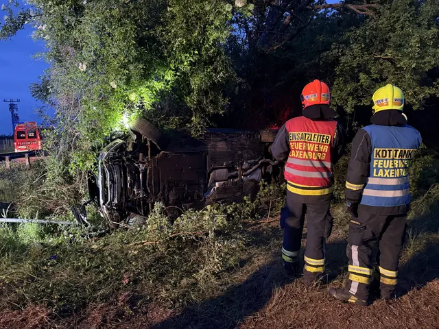 Das Unfallfahrzeug blieb im Windschutzgürtel liegen. | Foto: Presseteam Freiwillige Feuerwehr Laxenburg
