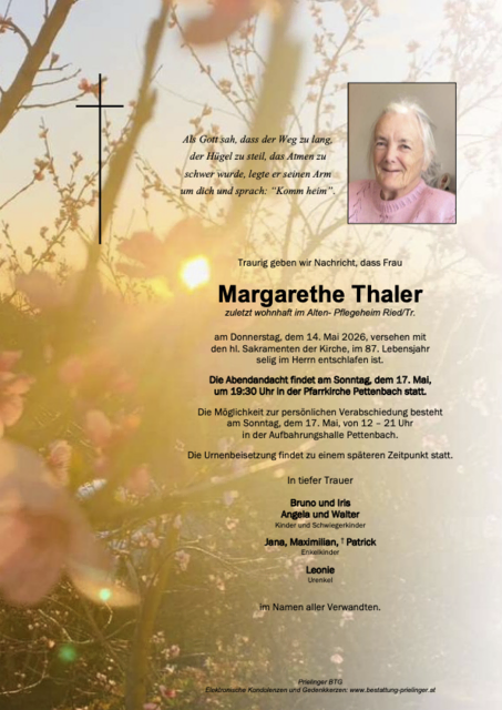 Margarethe Thaler ✝︎ 14.05.2026 | Foto: Bestattung Prielinger