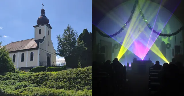 Links: Die Wallfahrtskirche »Neu Maria Schnee« in Leopoldschlag. Rechts: Eine Lasershow im inneren der Kirche. | Foto: zVg