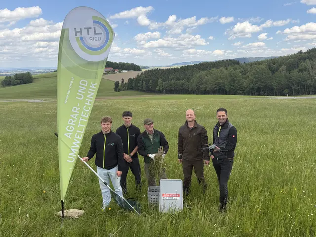 Die zwei Schüler des Projekts mit einem Landwirt und Harald Wolf aus Waldzell sowie HTL-Professor Martin Anzengruber.