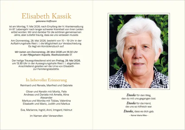 Elisabeth Kassik, Ried, verstorben am 11. Mai, im 87. Lebensjahr. 
 