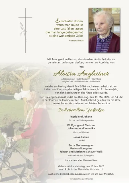 Aloisia Angleitner, Kirchheim, verstorben am 8. Mai, im 91. Lebensjahr.
