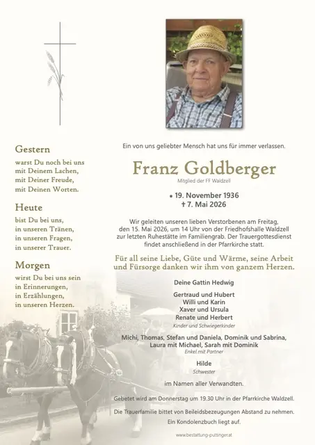 Franz Goldberger, Waldzell, verstorben am 7. Mai 2026, im 90. Lebensjahr.