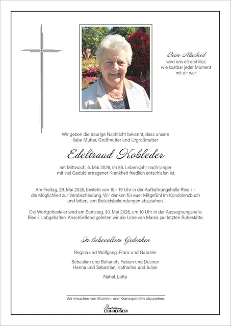 Edeltraud Kobleder, Ried, verstorben am 6. Mai, im 86. Lebensjahr. | Foto:  Regina Schatzl