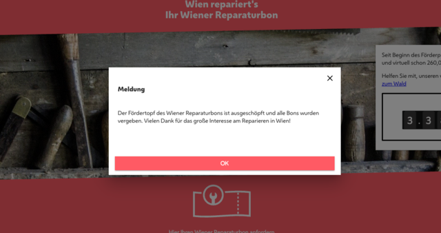 Wie es auf der Website der Stadt Wien heißt, wurde der Fördertopf des Wiener Reparaturbons ausgeschöpft. | Foto: Screenshot mein.wien.gv.at