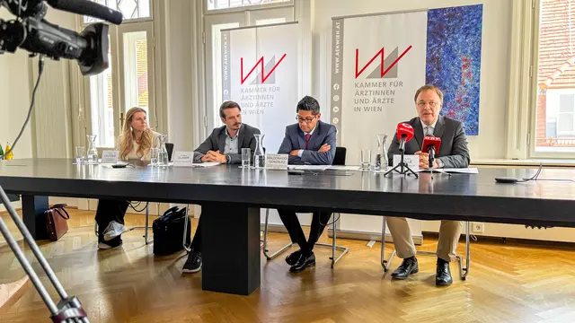 v.l.n.r.: Lisa Leutgeb (1. Stellvertretende Obfrau der Kurie angestellte Ärzte), Benjamin Glaser (Finanzreferent der Kurie), Eduardo Maldonado-González (Vizepräsident der Kammer für Ärztinnen und Ärzte in Wien und Obmann der Kurie) und Dieter Kölle (2. Stellvertretender Obmann der Kurie): | Foto: Andreas Pölzl/MeinBezirk