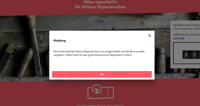 Wie es auf der Website der Stadt Wien heißt, wurde der Fördertopf des Wiener Reparaturbons ausgeschöpft. | Foto: Screenshot mein.wien.gv.at